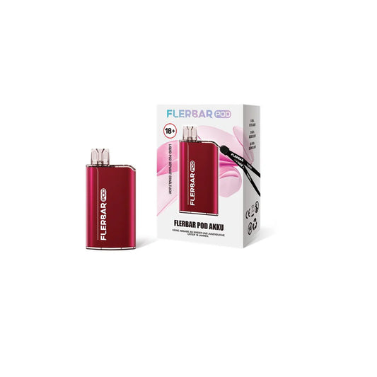 Ein roter Flerbar Pod Akku steht neben seiner Produktverpackung auf weißem Hintergrund.