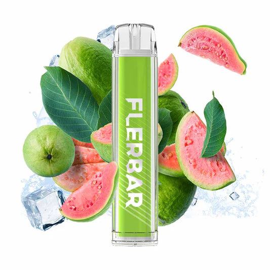 Flerbar Einweg E-Zigarette Guava Ice mit Guavenstücken und Eiswürfeln im Hintergrund zur Darstellung eines gekühlten Guavengeschmacks.