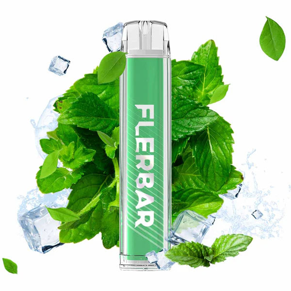 Flerbar Einweg E-Zigarette Ice Mint mit Minzblättern und Eiswürfeln im Hintergrund zur Darstellung eines gekühlten Minzgeschmacks.