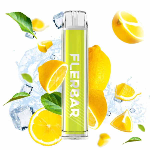 Flerbar Einweg E-Zigarette Lemon mit Zitronenstücken, Zitronenblättern und Eiswürfeln im Hintergrund zur Darstellung eines frischen Zitronengeschmacks.