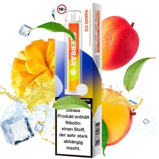 Flerbar Einweg E-Zigarette Mango Ice mit Verpackung, Gerät vor Mangos und Eiswürfeln zur Darstellung eines gekühlten Mangogeschmacks.
