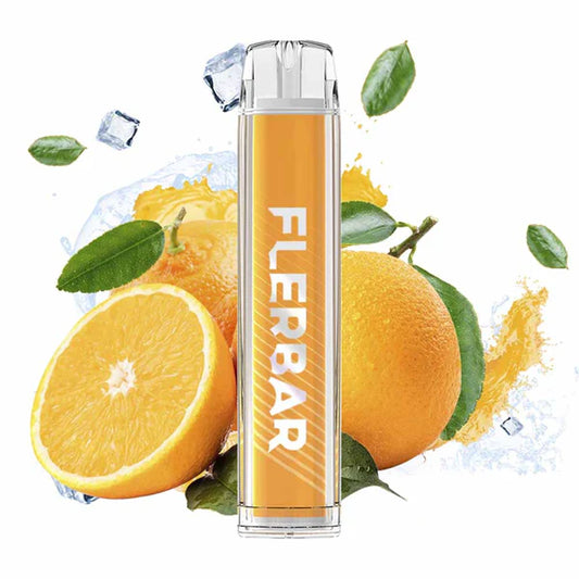 Flerbar Einweg E-Zigarette Orange mit Orangen und Eiswürfeln im Hintergrund zur Darstellung eines frischen Orangengeschmacks.