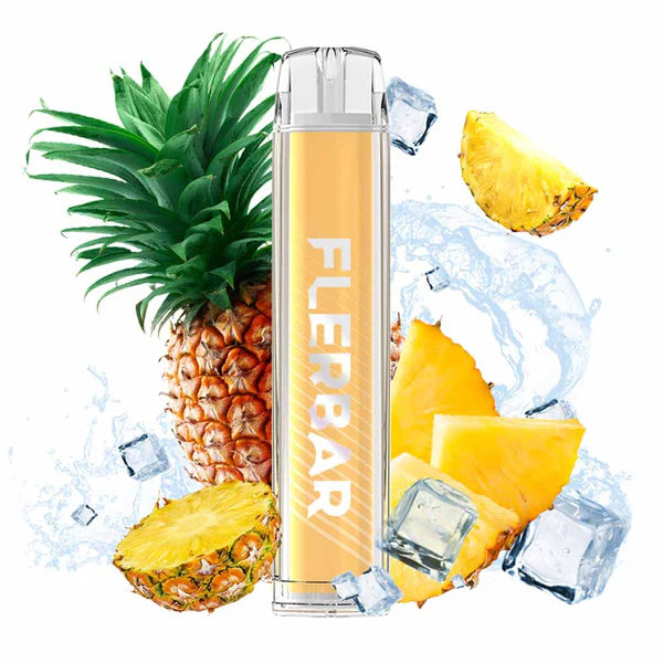 Flerbar Einweg E-Zigarette Pineapple Ice mit Ananasstücken und Eiswürfeln im Hintergrund zur Darstellung eines frischen Ananasgeschmacks.