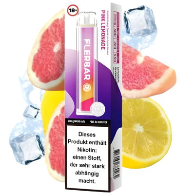 Flerbar Einweg E-Zigarette Pink Lemonade mit Verpackung, Gerät vor Grapefruit-, Zitronenscheiben und Eiswürfeln zur Darstellung eines Pink-Lemonade-Geschmacks.