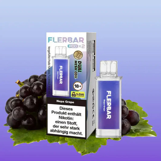 Flerbar Nepa Grape Pod und Verpackung mit dunklen Weintrauben und Blättern auf lila Hintergrund. Dual Mesh Coil Pod System.