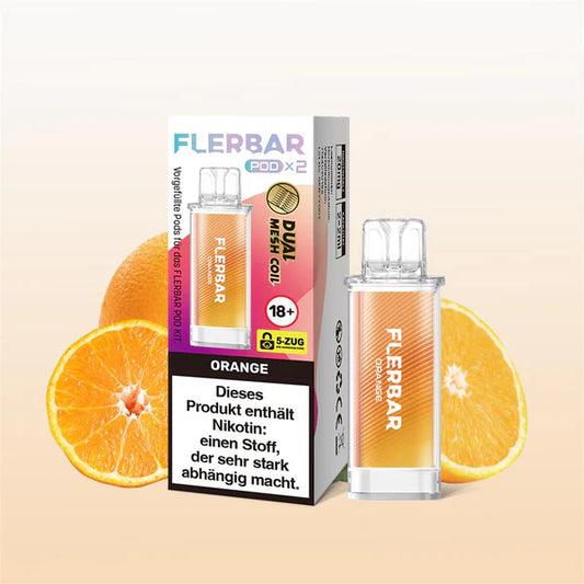Flerbar Orange Ersatz-Pods und Verpackung neben aufgeschnittenen Orangen. Dual Mesh Coil Technologie.