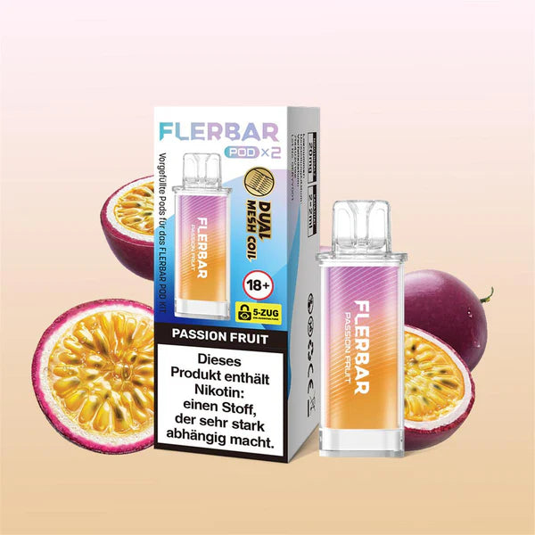 Flerbar Passion Fruit Pods und Verpackung vor frischen Maracujas. Dual Mesh Coil Technologie.