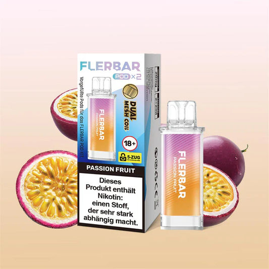 Flerbar Passion Fruit Pods und Verpackung vor frischen Maracujas. Dual Mesh Coil Technologie.