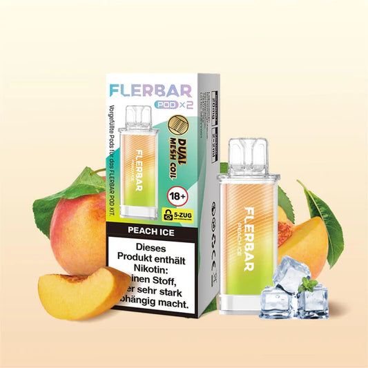Flerbar Peach Ice Pods und Verpackung mit Pfirsichen, Eiswürfeln und Minze. Dual Mesh Coil System.