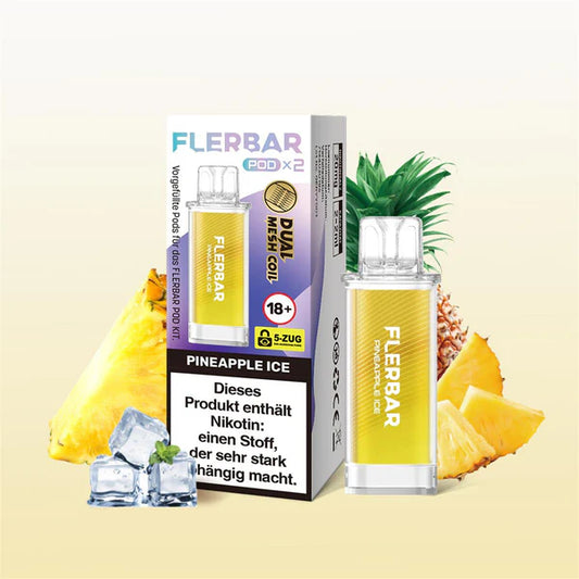 Flerbar Pineapple Ice Pods und Verpackung mit Ananasstücken, Eiswürfeln und Minze. Dual Mesh Coil System.