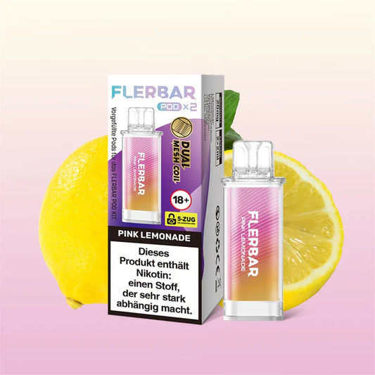Flerbar Pink Lemonade Pods und Verpackung mit frischen Zitronen. Dual Mesh Coil System.