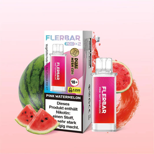 Flerbar Pink Watermelon Pods und Packung mit Wassermelonenstücken. Dual Mesh Coil System.