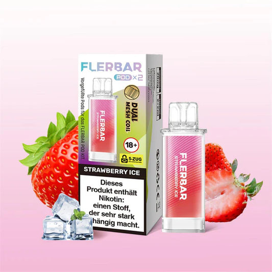 Flerbar Strawberry Ice Pods und Verpackung mit Erdbeeren, Eiswürfeln und Minze. Dual Mesh Coil System.