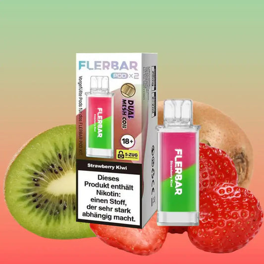 Flerbar Strawberry Kiwi Pods und Verpackung mit frischen Erdbeeren und Kiwis. Dual Mesh Coil System.