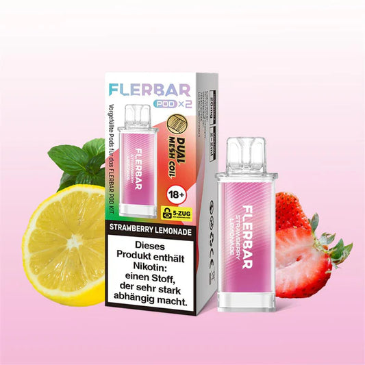 Flerbar Strawberry Lemonade Pods und Verpackung mit Zitrone, Erdbeere und Minze. Dual Mesh Coil System.