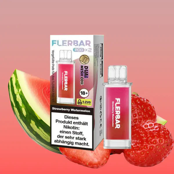 Flerbar Strawberry Watermelon Pods und Verpackung mit Erdbeeren und Wassermelone. Dual Mesh Coil System.