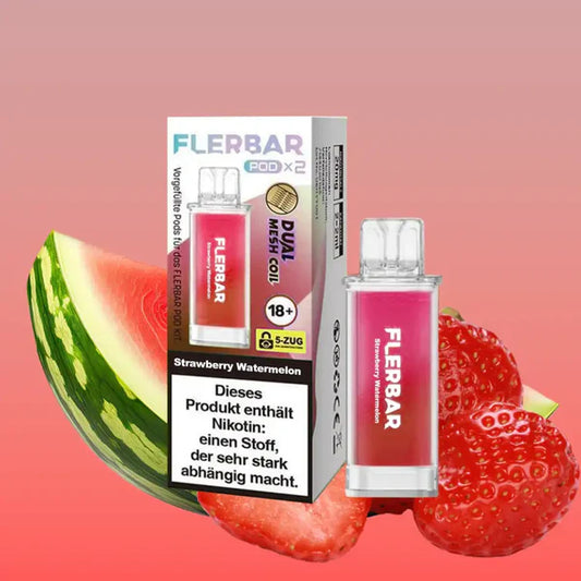 Flerbar Strawberry Watermelon Pods und Verpackung mit Erdbeeren und Wassermelone. Dual Mesh Coil System.