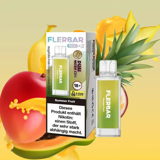 Flerbar Summer Fruit Pods und Verpackung mit Mango, Sternfrucht und tropischen Früchten. Dual Mesh Coil System.