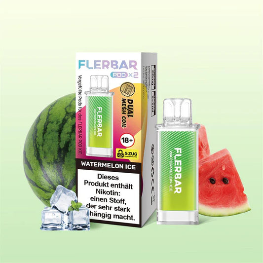 Flerbar Watermelon Ice Pods und Verpackung mit Wassermelone und Eiswürfeln. Dual Mesh Coil System.