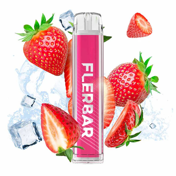 Flerbar Einweg E-Zigarette Strawberry Ice mit Erdbeeren und Eiswürfeln im Hintergrund zur Darstellung eines gekühlten Erdbeergeschmacks.