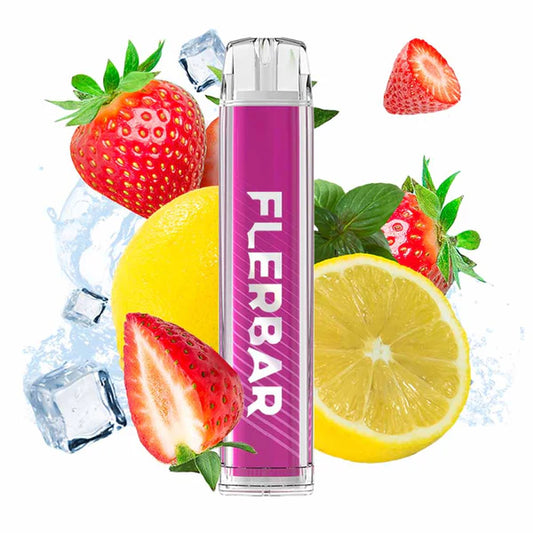 Flerbar Einweg E-Zigarette Strawberry Lemonade mit Erdbeeren, Zitronenscheiben und Eiswürfeln im Hintergrund zur Darstellung eines Erdbeer-Zitronen-Limonaden-Geschmacks.