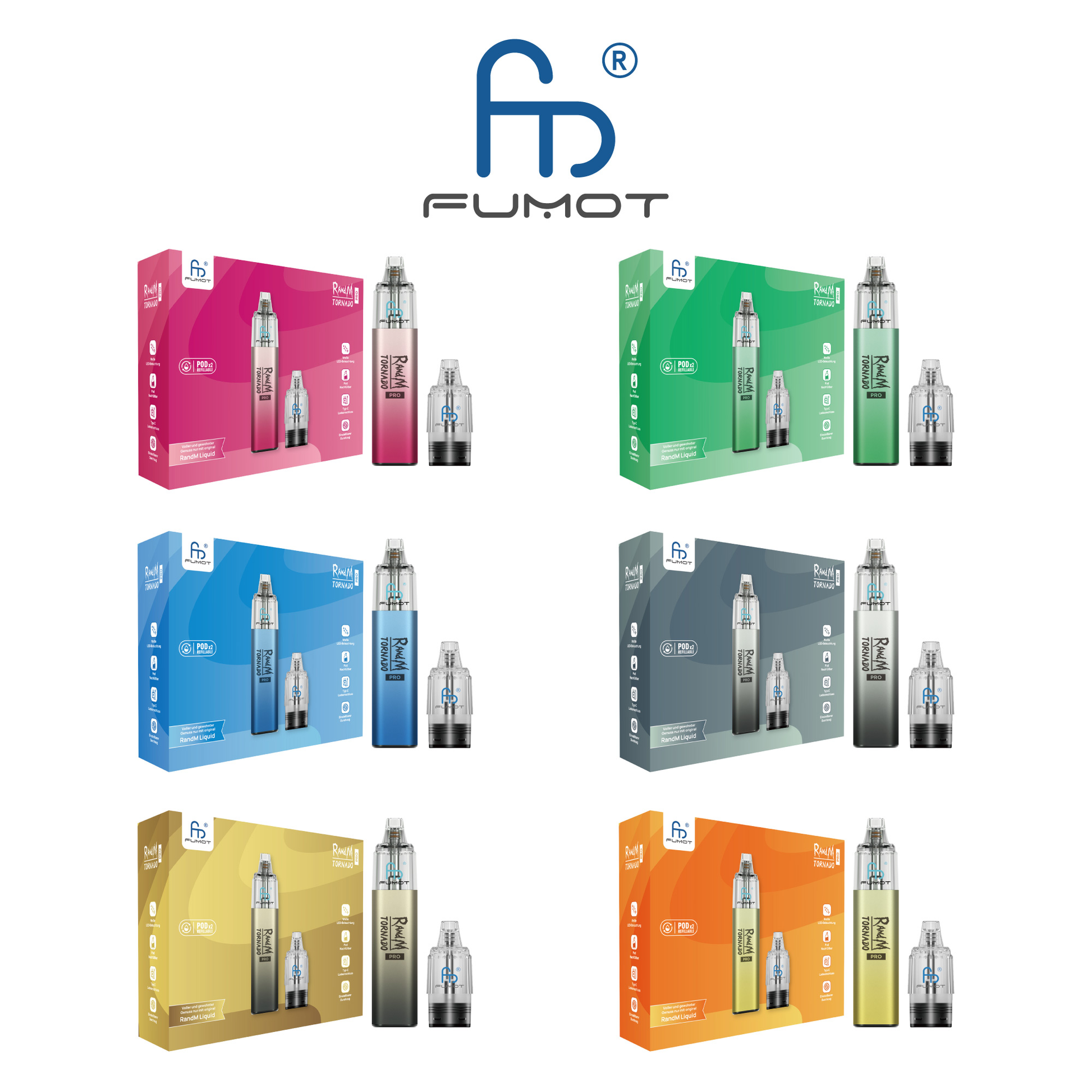 Banner mit verschiedenen Farbvarianten des Fumot RandM Tornado Pro Pod Kits inklusive Pods und Verpackung.