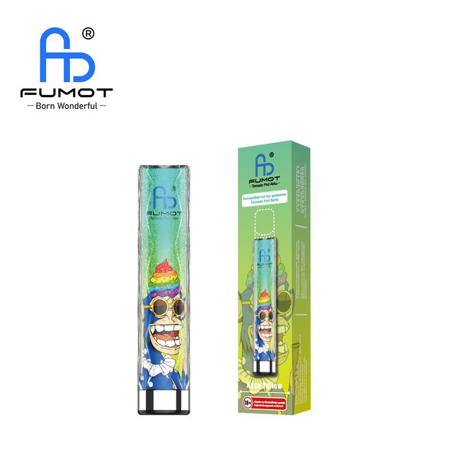 Fumot Tornado Pod Akku in Aqua Yellow mit Affen-Grafik und Regenbogen-Akzent samt Verpackung. Kompatibel mit der Tornado Pod Serie.
