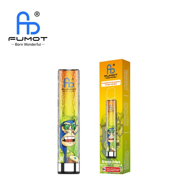 Fumot Tornado Pod Akku in Orange Green mit Affen-Grafik und Trommel samt Verpackung. Kompatibel mit der Tornado Pod Serie.