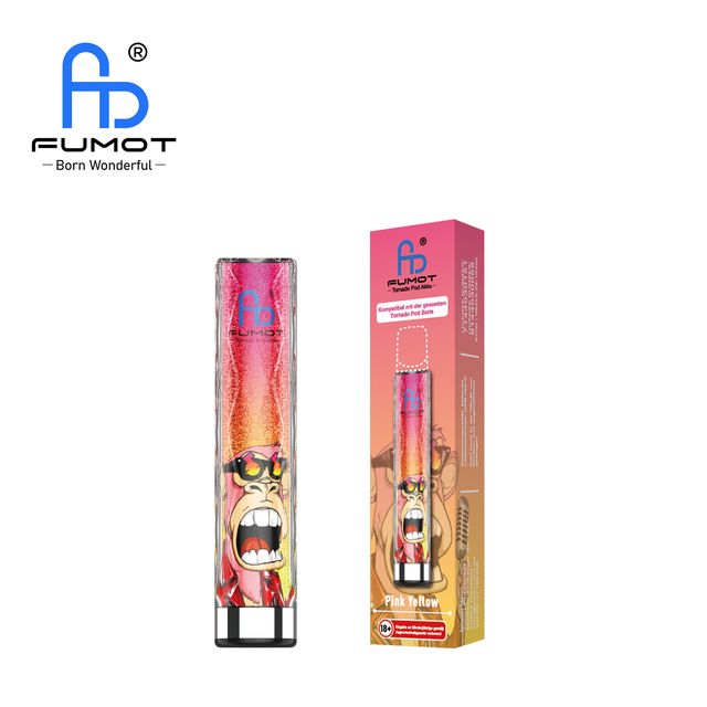 Fumot Tornado Pod Akku in Pink Yellow mit Affen-Grafik und Sonnenbrille samt Verpackung. Kompatibel mit der Tornado Pod Serie.