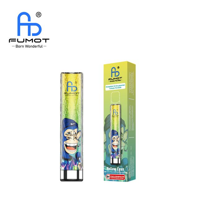 Fumot Tornado Pod Akku in Yellow Cyan mit Affen-Grafik und Verpackung. Kompatibel mit der Tornado Pod Serie.