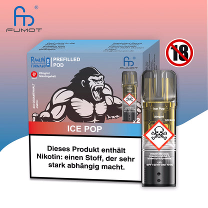 Produktbild der RandM Tornado Prefilled Pods in der Sorte Ice Pop. Zu sehen sind die hellblaue Verpackung mit einer Gorilla-Silhouette, ein einzelner transparenter Pod und ein 18+ Warnsymbol. Die Packung enthält zwei Pods mit 20 mg/ml Nikotin und trägt einen deutschen Gesundheitshinweis.