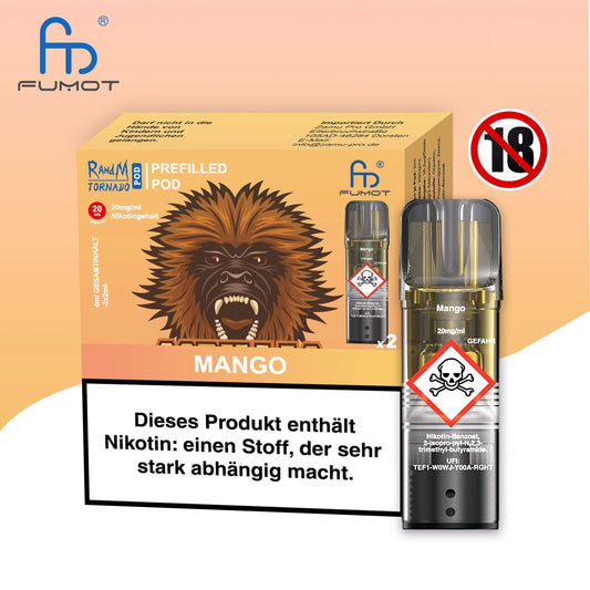 Produktbild der RandM Tornado Prefilled Pods in der Sorte Mango. Abgebildet sind die gelb-orange Verpackung mit einer fletschenden Gorilla-Illustration, ein einzelner transparenter Pod und ein 18+ Warnsymbol. Die Packung enthält zwei Pods mit 20 mg/ml Nikotin und trägt einen deutschen Gesundheitshinweis.