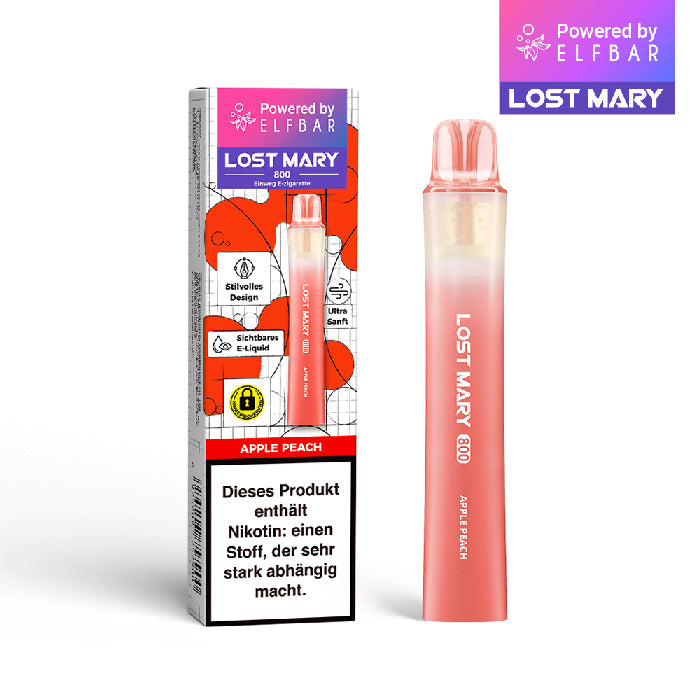 Lost Mary 800 Einweg E-Zigarette Apple Peach mit Apfel- und Pfirsichgeschmack, 20 mg/ml Nikotinsalz.