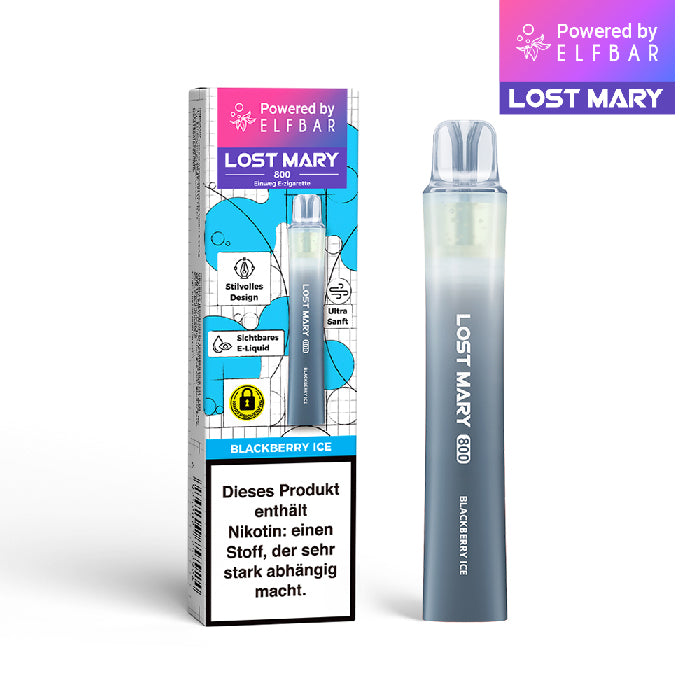 Lost Mary 800 Einweg E-Zigarette Blackberry Ice mit Brombeer-Geschmack und kühlendem Ice-Effekt, 20 mg/ml Nikotinsalz.