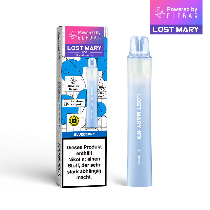 Lost Mary 800 Einweg E-Zigarette Blueberry mit Blaubeer-Geschmack und 20 mg/ml Nikotinsalz.