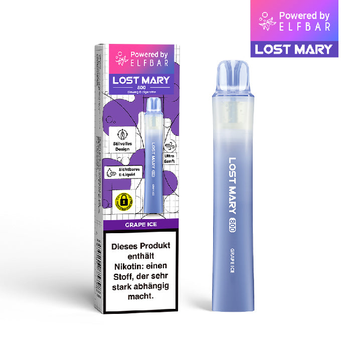 Lost Mary 800 Einweg E-Zigarette Grape Ice mit Traubengeschmack und kühlendem Ice-Effekt, 20 mg/ml Nikotinsalz.