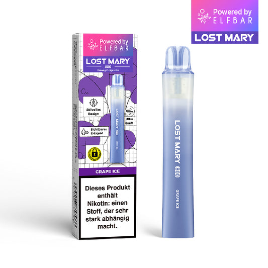 Lost Mary 800 Einweg E-Zigarette Grape Ice mit Traubengeschmack und kühlendem Ice-Effekt, 20 mg/ml Nikotinsalz.