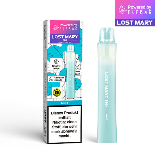 Lost Mary 800 Einweg E-Zigarette Mint mit frischem Minzgeschmack und 20 mg/ml Nikotinsalz.