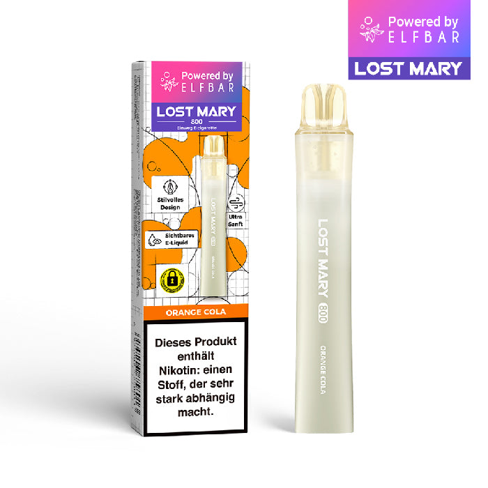 Lost Mary 800 Einweg E-Zigarette Orange Cola mit Cola- und Orangen-Geschmack und 20 mg/ml Nikotinsalz.