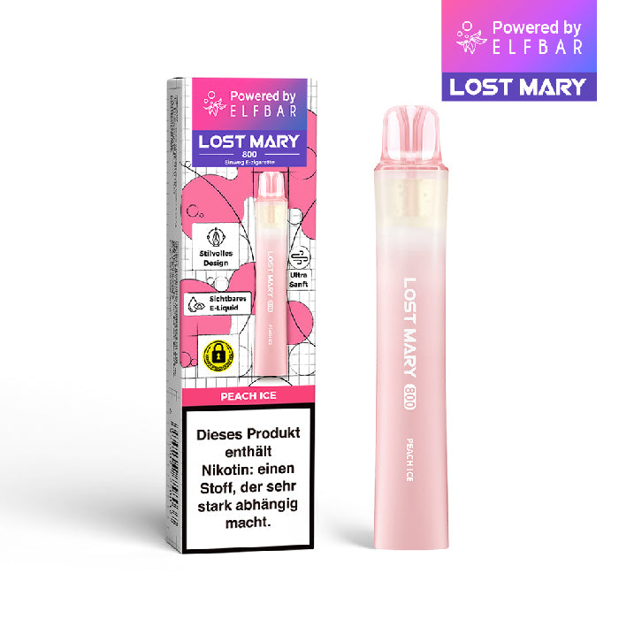 Lost Mary 800 Einweg E-Zigarette Peach Ice mit Pfirsich-Geschmack und kühlendem Ice-Effekt, 20 mg/ml Nikotinsalz.