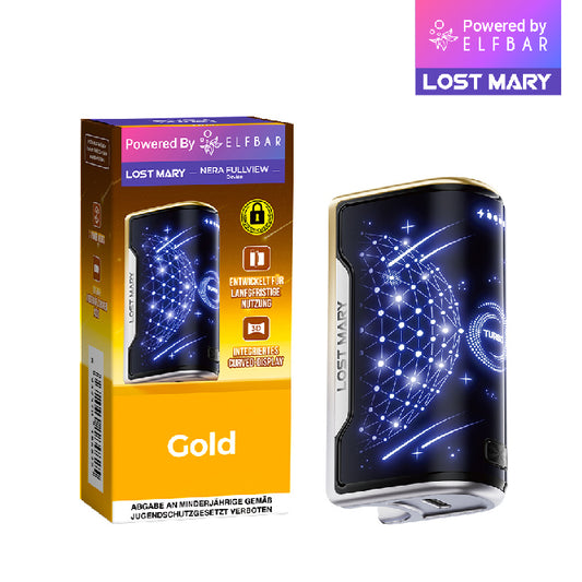 Lost Mary Nera Max Basisgerät Gold: Goldfarbene Verpackung und moderner Akkuträger mit 3D-Curved-Display.