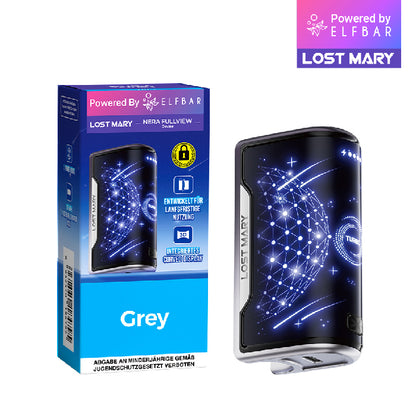Verpackung und grauer Akkuträger des Lost Mary Nera Max E-Zigaretten-Basisgeräts mit Curved-Display und 'Powered by Elfbar' Logo.