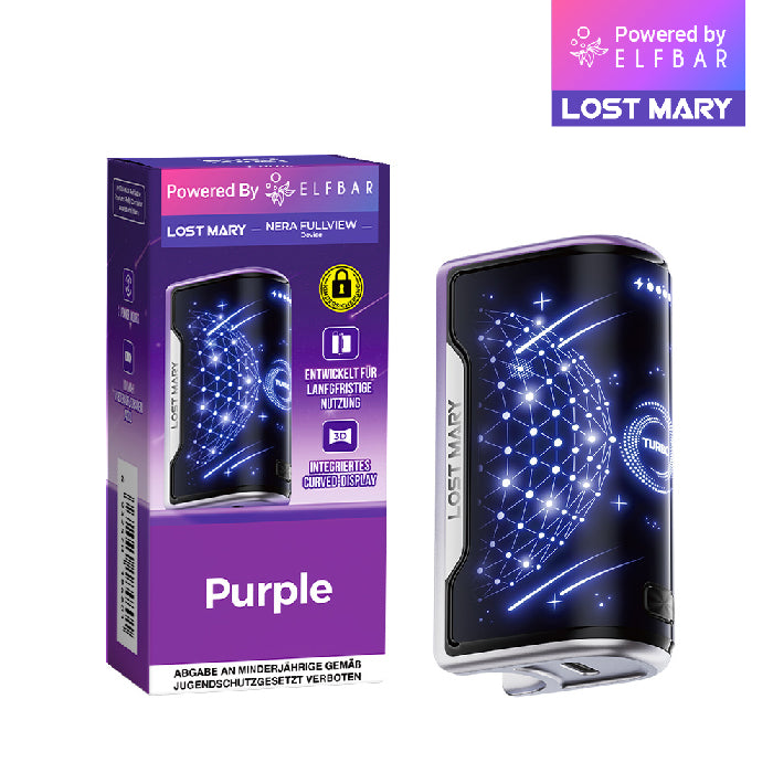 Lost Mary Nera Max Basisgerät Lila: Lila Verpackung und moderner Akkuträger mit purple-leuchtendem 3D-Curved-Display.