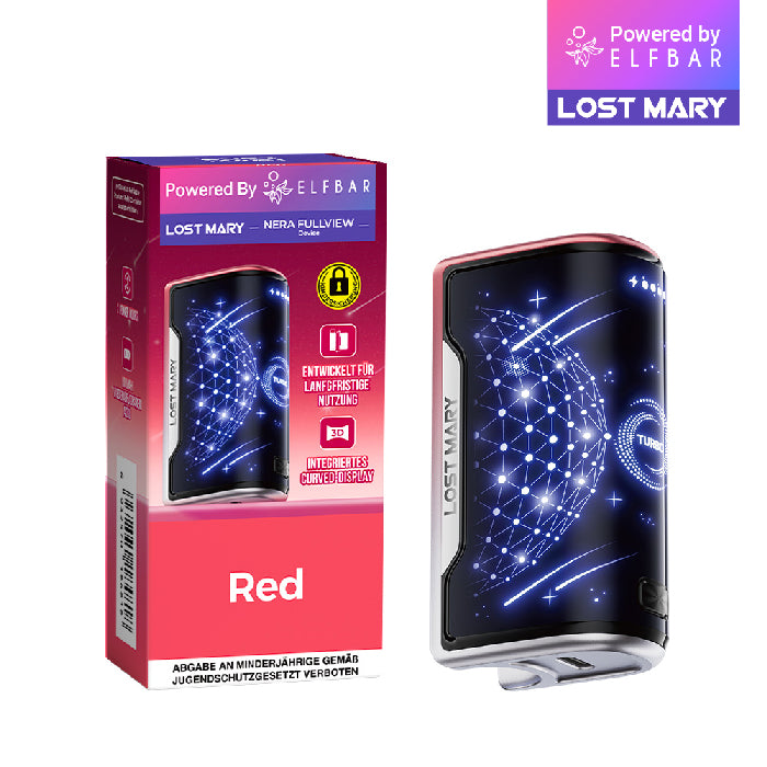 Lost Mary Nera Max Basisgerät Rot: Exklusive rote Verpackung und hochmoderner Vape-Akkuträger mit brillantem 3D-Curved-Display.