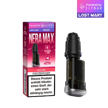 Lost Mary Nera Max Berry Mix: Pink-rote Verpackung und Vape-Pod mit sichtbarem E-Liquid.