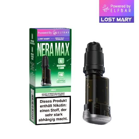 Lost Mary Nera Max Mint: Türkisgrüne Verpackung und Vape-Pod mit sichtbarem E-Liquid.