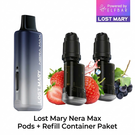 Lost Mary Nera Max Basisgerät mit Pods und Refill Container Paket mit Erdbeer- und Traubengeschmack.
