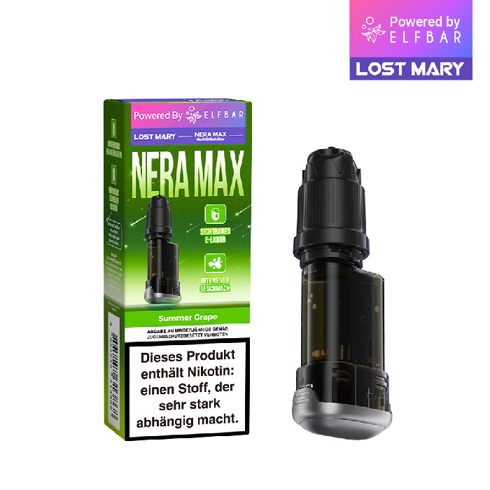 Lost Mary Nera Max Summer Grape: Grüne Verpackung und Vape-Pod mit sichtbarem E-Liquid.