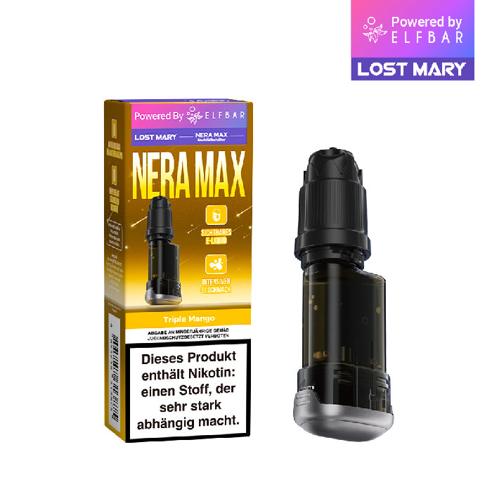 Lost Mary Nera Max Triple Mango: Verpackung und E-Zigaretten-Pod mit E-Liquid und Warnhinweis.