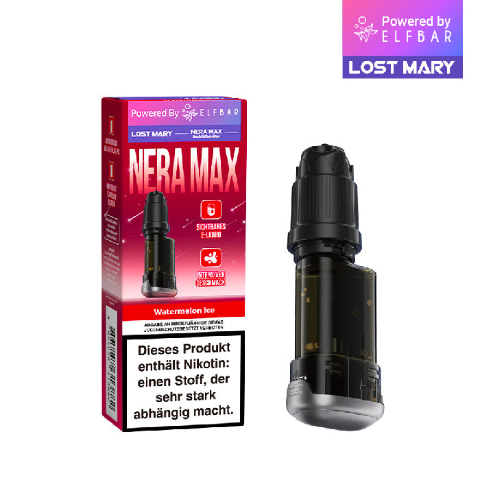 Ein schwarzer Nera Max Nachfüllbehälter neben seiner roten Verpackung der Sorte Watermelon Ice von Lost Mary.